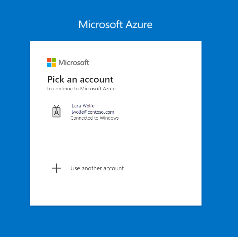 Select an account to sign in to the Azure portal. A screenshot of the Microsoft Azure pick an account screen.