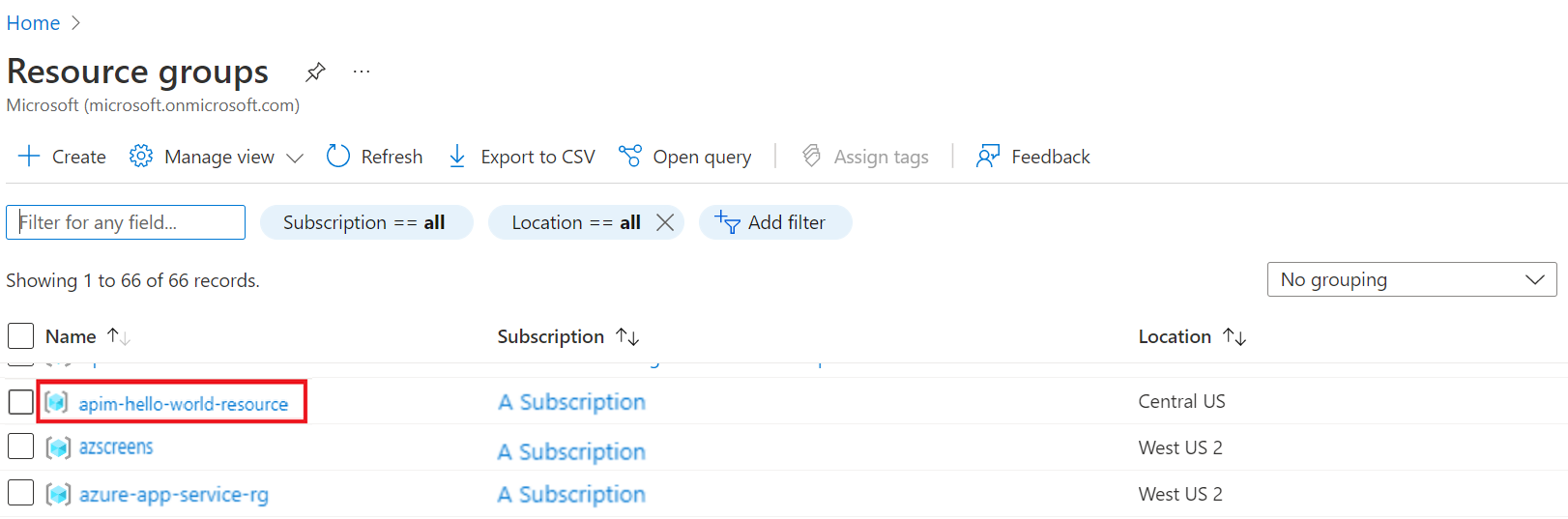 Screenshot showing your resource groups.