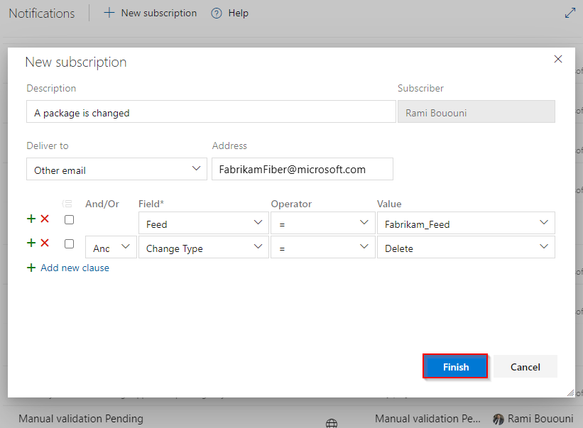 A screenshot displaying how to configure a notification subscription and add filters.