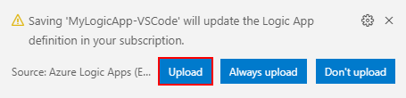 Screenshot that shows a dialog box with the Upload button highlighted for uploading a logic app to the Azure portal.