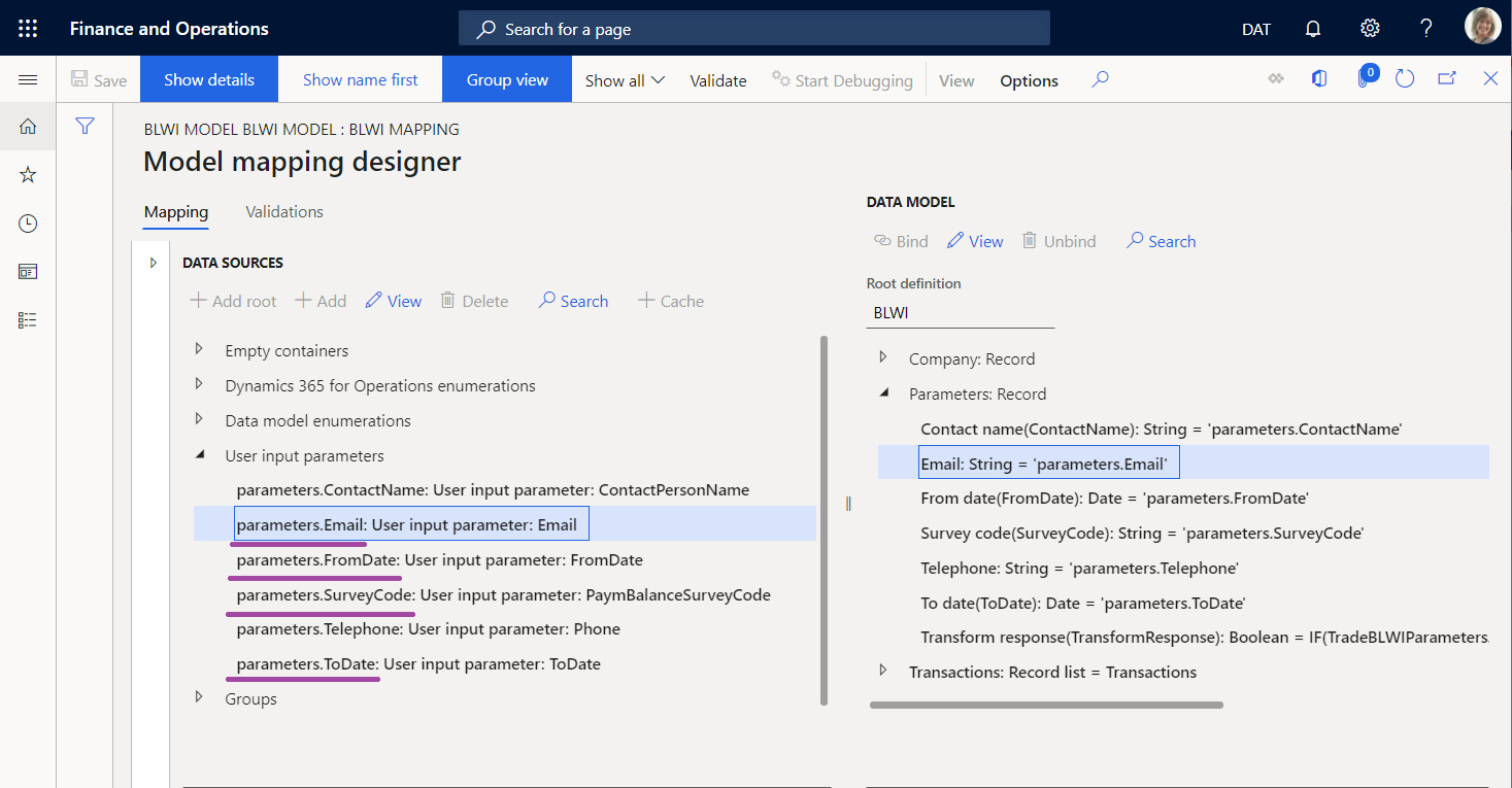Screenshot of the ER model mapping designer showing the list of data sources of the 'BLWI model mapping' configuration that includes data sources of the 'User input parameter' type.