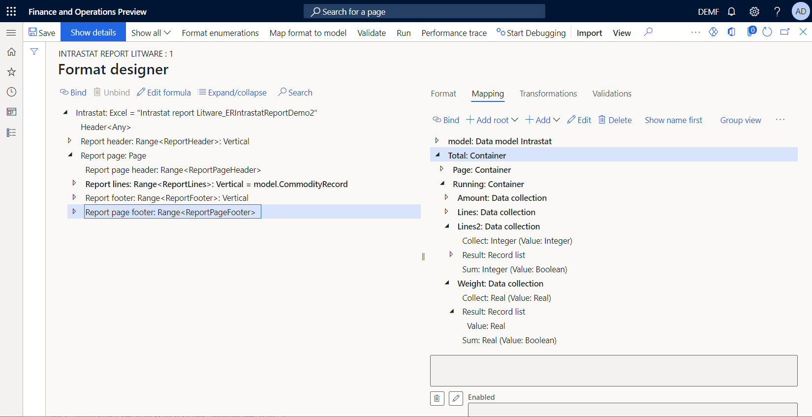 Tilføjede datakilder i ER-formatdesigneren.