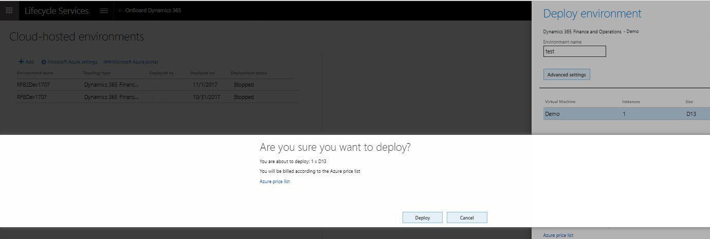 Screenshot of the Deploy environment page.