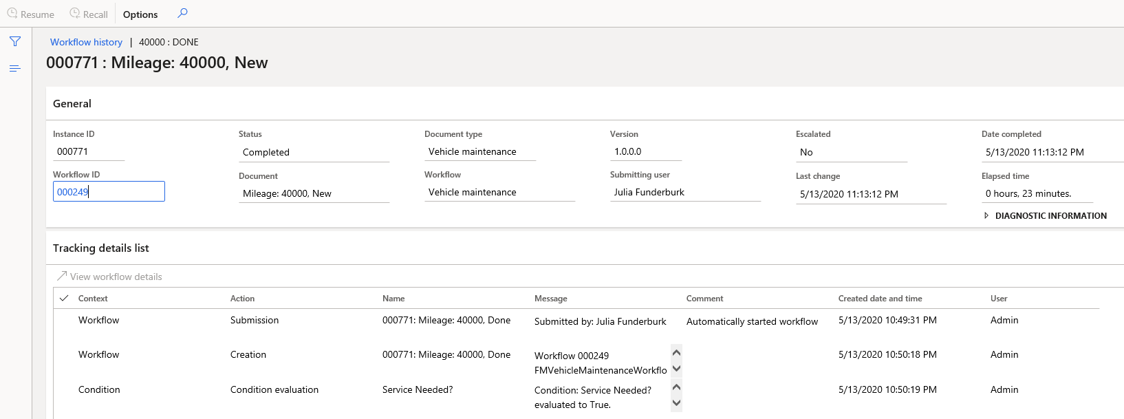 Screenshot of the Workflow history form showing tracking details.