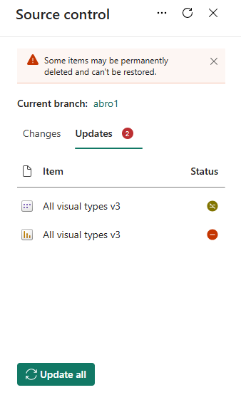 Skærmbillede af kilden control panel med opdateringsfanen åben og knappen 'opdatere alle' valgt.
