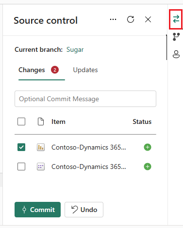Skærmbillede af kilden control panel med status på de ændrede elementer.