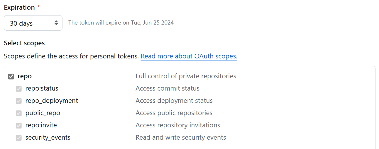 Skærmbillede af GitHub klassiske token-scopes.
