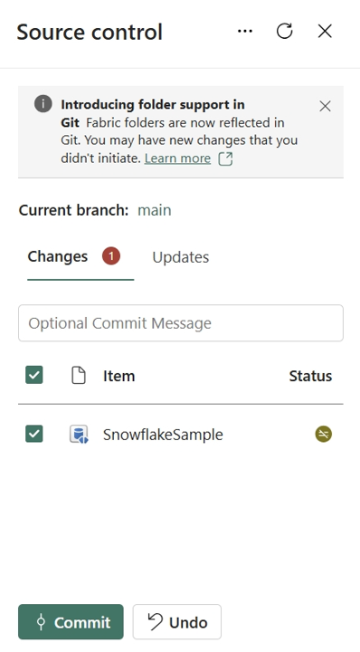 Skærmbillede af bekræftelse af spejlede databaseændringer til Git.
