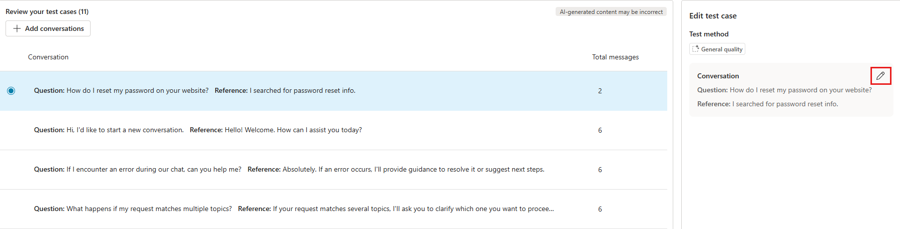 Et skærmbillede, der viser placeringen af knappen Rediger samtale for en enkelt testcase.