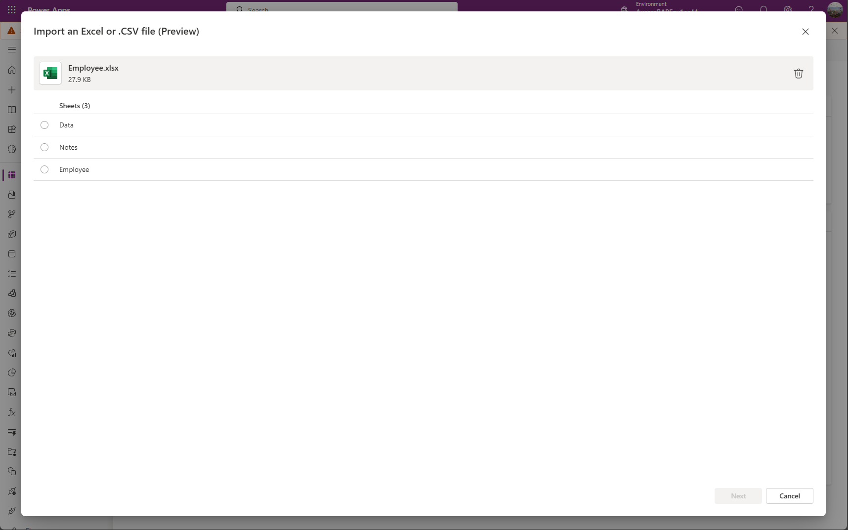 Vælg det Excel-ark, der skal importeres.