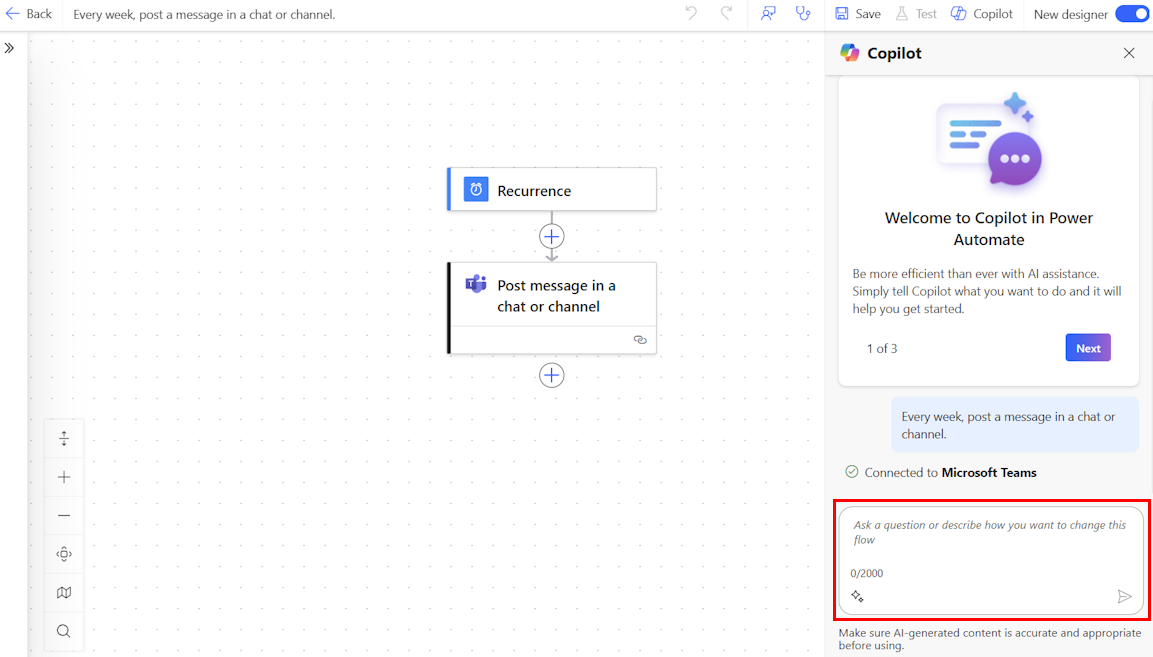 Skærmbillede af cloudflowdesigneren med Copilot, der viser dit flow.
