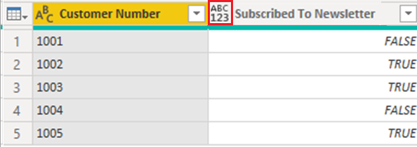 Skærmbillede, der viser kolonner sat til boolsk standard.