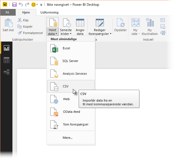 Skærmbillede af Get Data-båndet i Power BI Desktop, der viser CSV-valget.