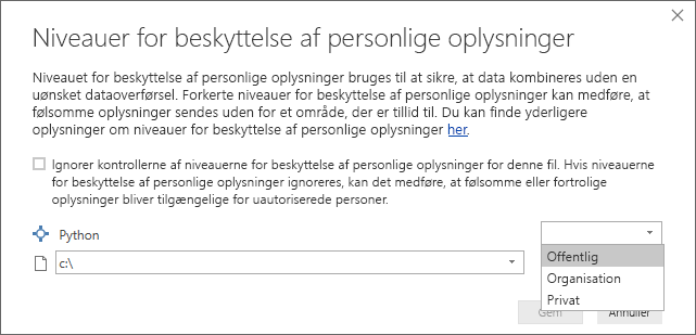 Skærmbillede af dialogen Privatlivsniveauer, der viser, at Offentlig er sat.