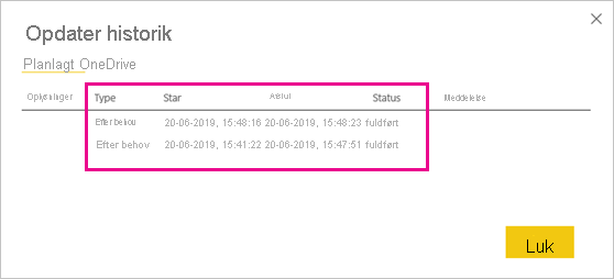 Skærmbillede, der viser skærmbilledet Opdater historik.