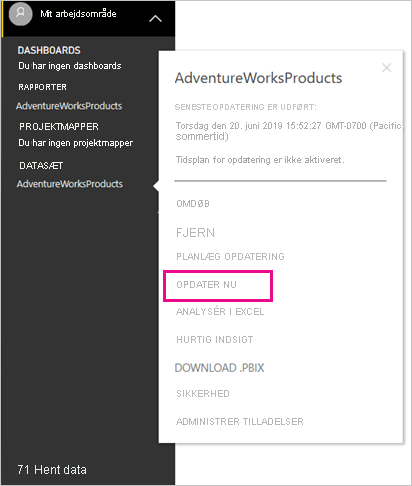 Skærmbillede, der viser valg af Opdater nu.