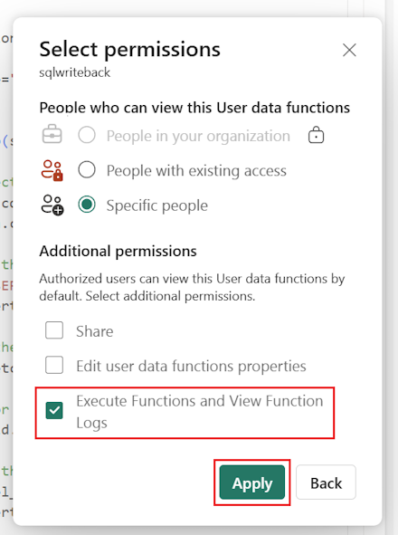 Skærmbillede, der viser tilføjelse af tilladelserne 'execute functions and view function logs'.