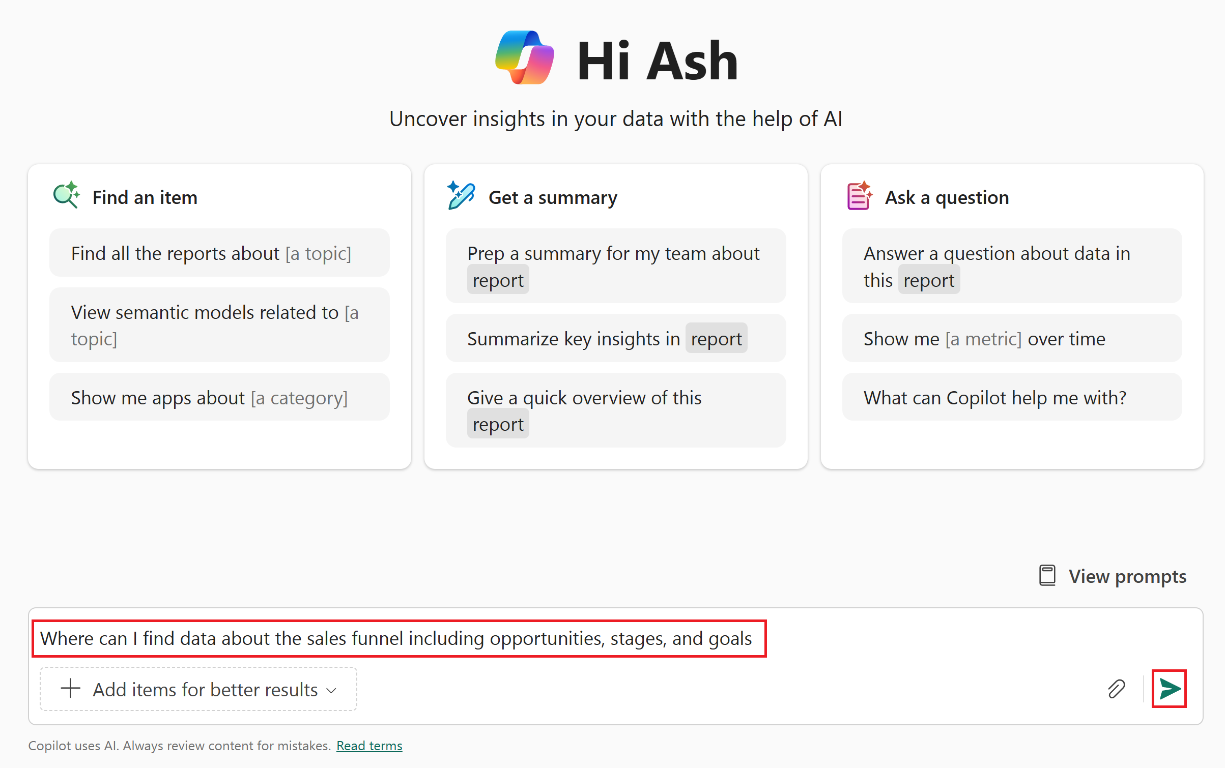 Skærmbillede af søgeinputtet til Copilot at stille et spørgsmål.