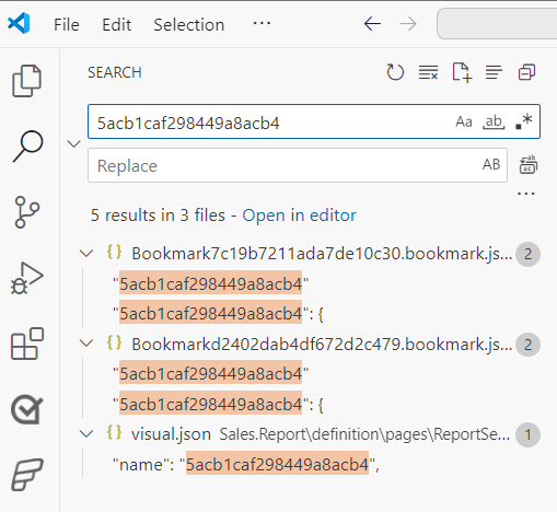Skærmbillede af søgelinjen med navnet på objektet.