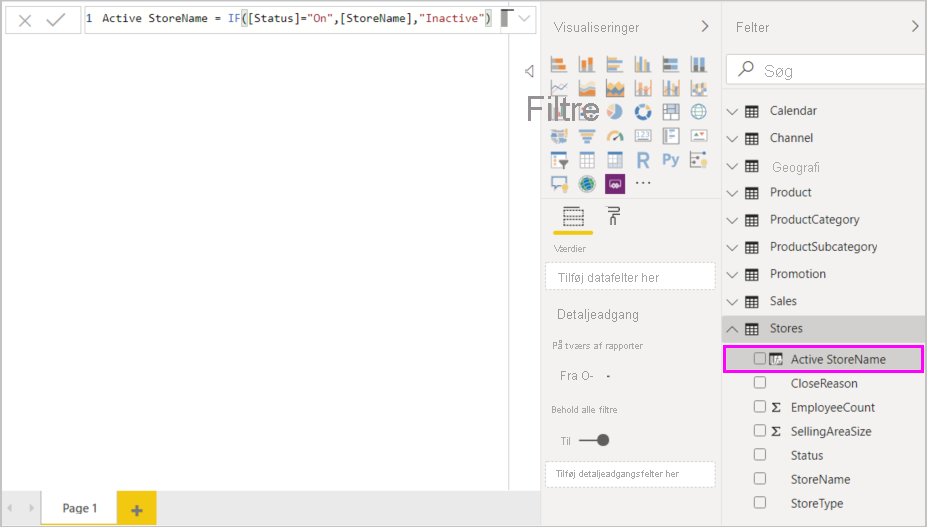 Skærmbillede af den fuldførte formel og kolonnen Active StoreName, der er føjet til ruden Felter.