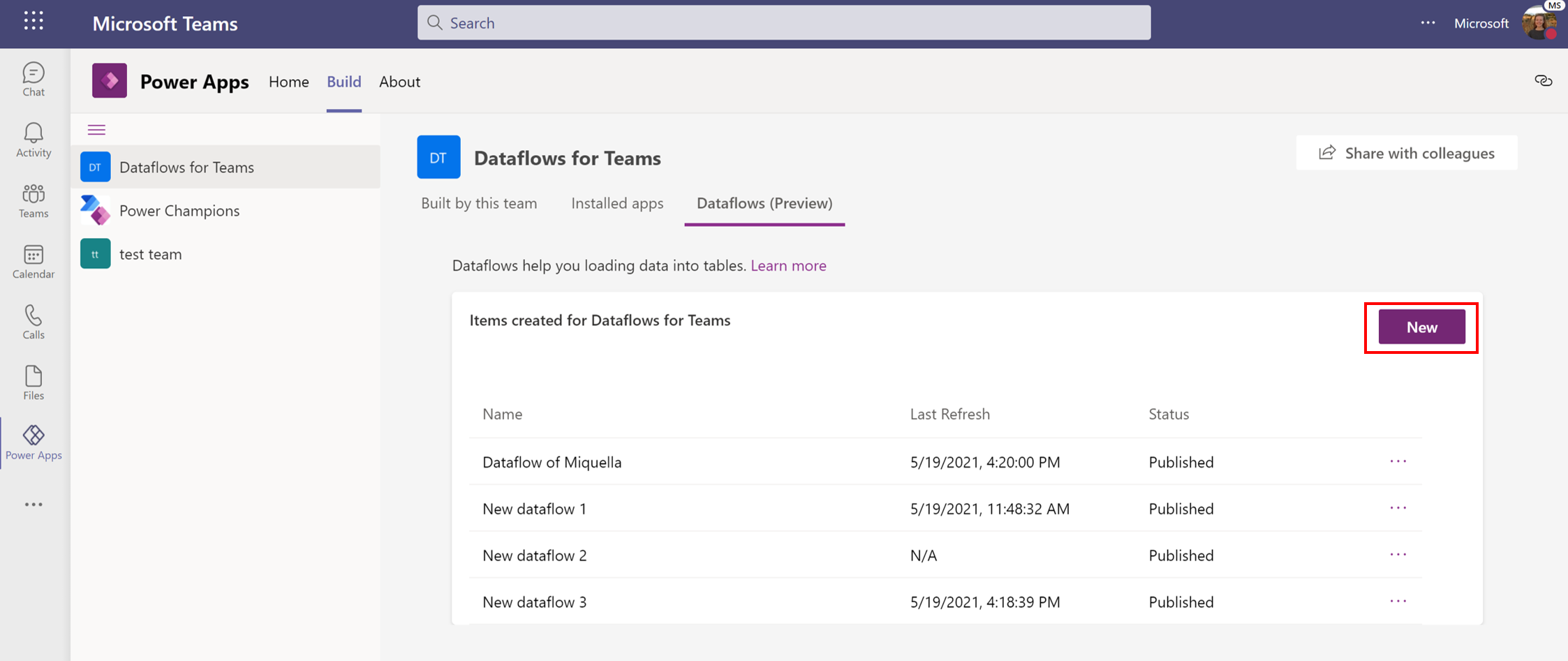 Oprettelse af et nyt dataflow.