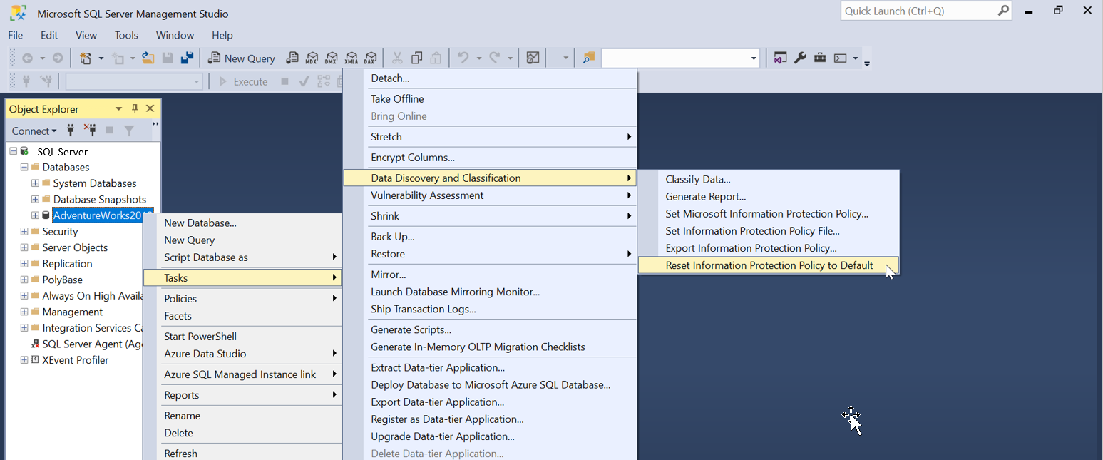Screenshot of resetting Information Protection Policy in SSMS