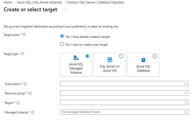 Screenshot that shows the Create or select target pane.