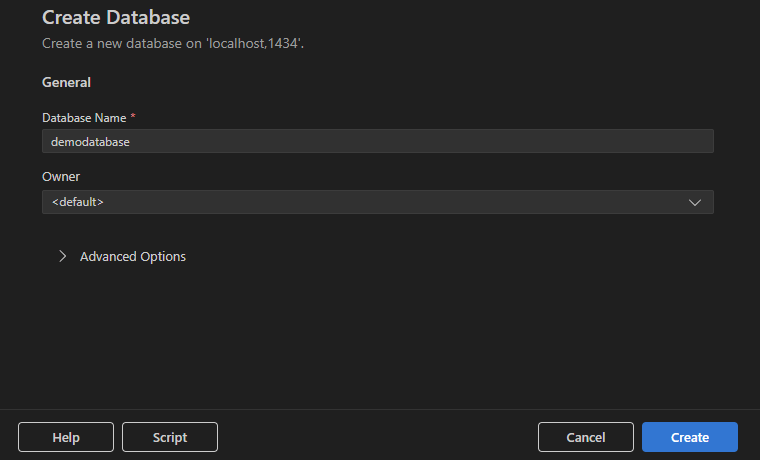 Screenshot of the Create Database dialog with database name and advanced options.
