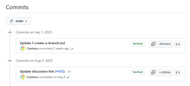 Et skærmbillede af en liste over GitHub-bekræftelser til en hovedgren.