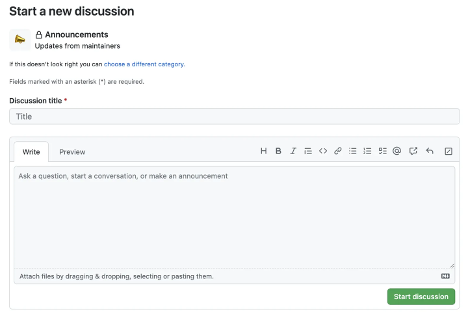 Et skærmbillede af start af en ny diskussionsside med titelfeltet Diskussion og indholdsfeltet tomt.