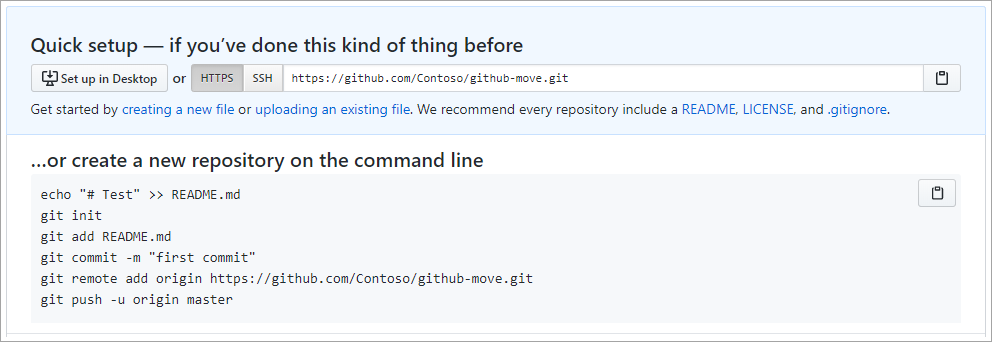 Skærmbillede af import af kode til et GitHub-lager.