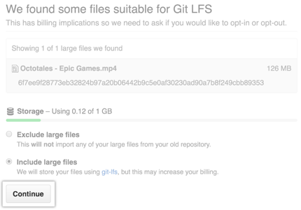 Skærmbillede af filer, der er egnede til Import af Store Git-filer.