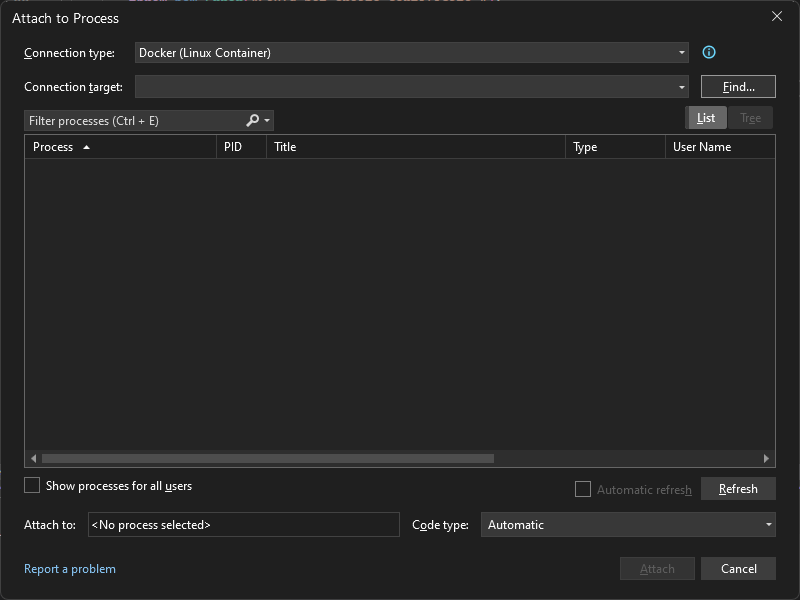 Attach_To_Process_Menu Screenshot of the Attach to Process dialog in Visual Studio showing a Connection type of Docker (Linux Container).