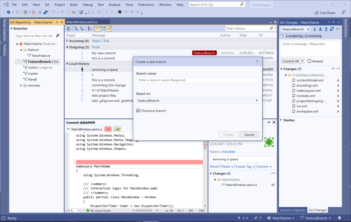 The Create a new branch window and the Git Changes tab in Solution Explorer.