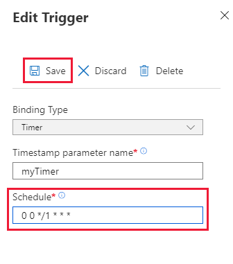Screenshot: Seite „Zeitplan für Funktionstimer aktualisieren“ im Azure-Portal.