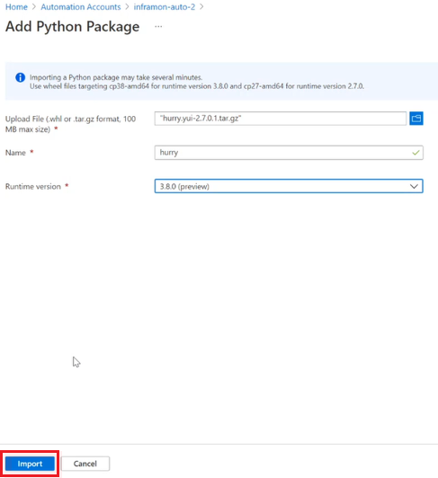 Screenshot: Seite „Python&nbsp;3.8-Paket hinzufügen“ mit ausgewählter hochgeladener Datei „tar.gz“