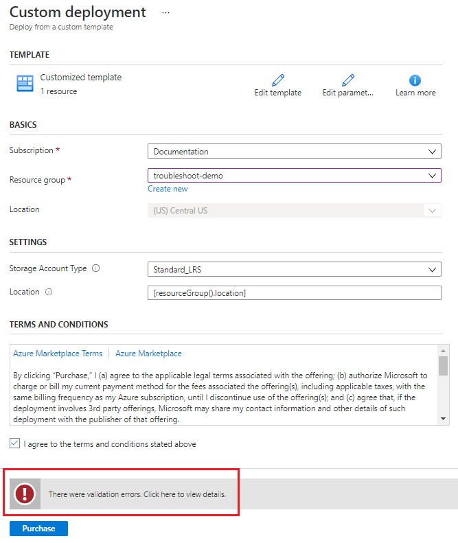 Screenshot eines Überprüfungsfehlers im Azure-Portal für einen Bereitstellungsversuch eines Speicherkontos.