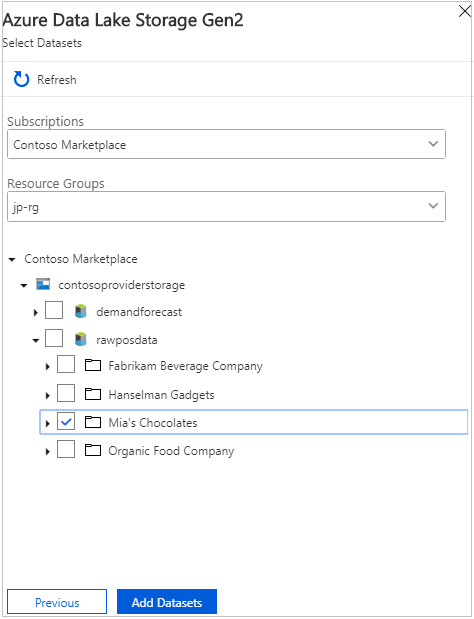 Screenshot der Seite „Datasets auswählen“ mit einem ausgewählten Ordner.
