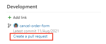 Ein Screenshot zeigt das Steuerelement Entwicklung, Link Pull-Request erstellen.
