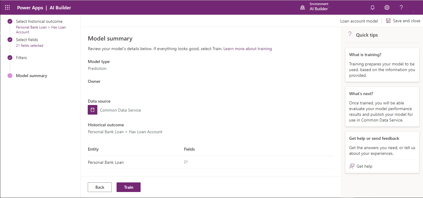Bildschirm zum Trainieren des Modells Bildschirm zum Trainieren des Modells