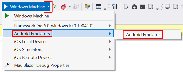 Android-Emulatoren: Dropdownauswahl für die Schaltfläche „Android-Emulator“.