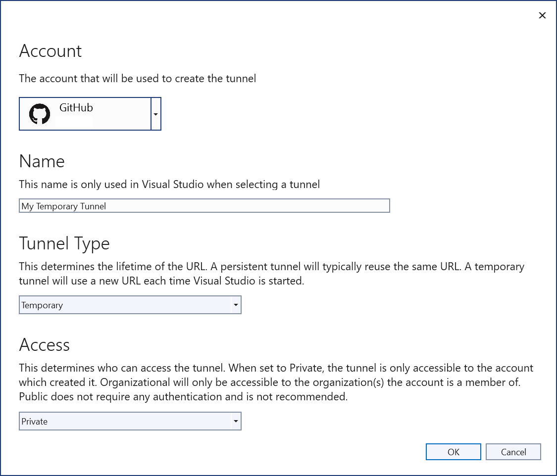 Dialogfeld zum Erstellen von Entwicklungstunneln.