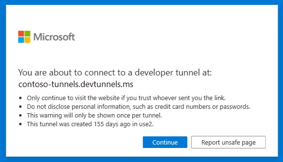 Dev Tunnels-Benachrichtigungsseite.