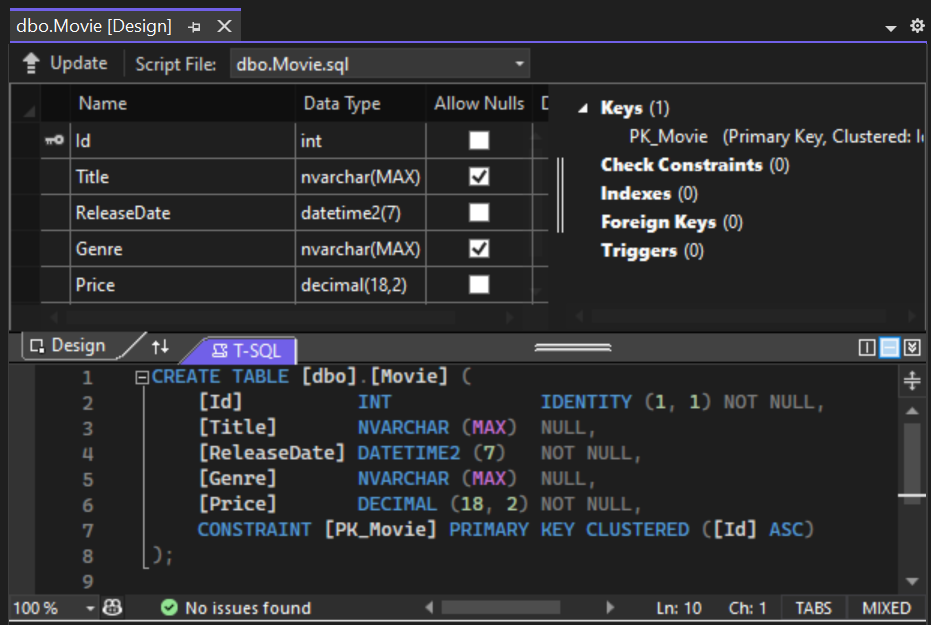 Im Designer geöffnete Tabellen „Movie“