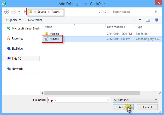Hinzufügen der Datei Flip.css aus Assets
