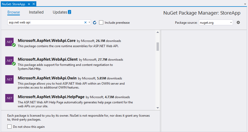 Installieren des Web-API-Kernpakets
