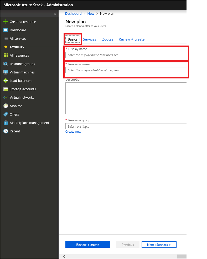 Screenshot, der zeigt, wie Details für neuen Plan im Azure Stack Hub angegeben werden.