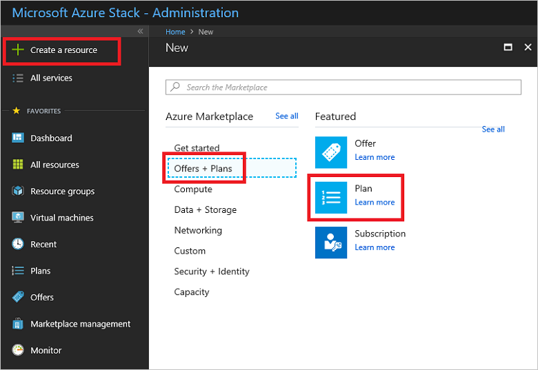 Screenshot, der zeigt, wie Sie einen Plan im Azure Stack Hub-Administratorportal auswählen.