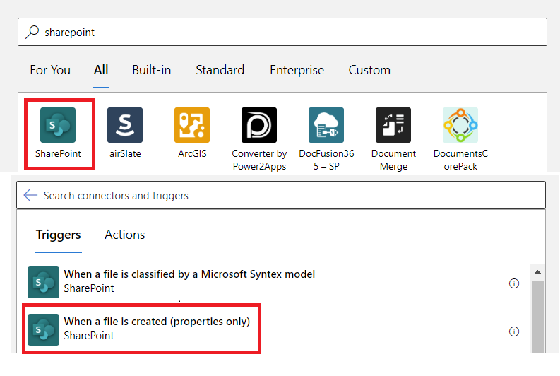 Screenshot des SharePoint Connectors und Auslösen der Auswahlseite.