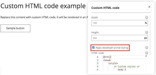 Screenshot: Konfigurieren von benutzerdefiniertem HTML-Code im Entwicklerportal.